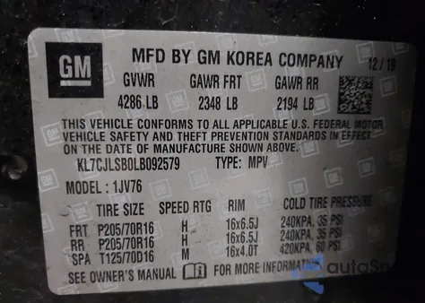 2020 Chevrolet Trax Fwd Lt from USA, damaged, VIN KL7CJLSB0LB092579